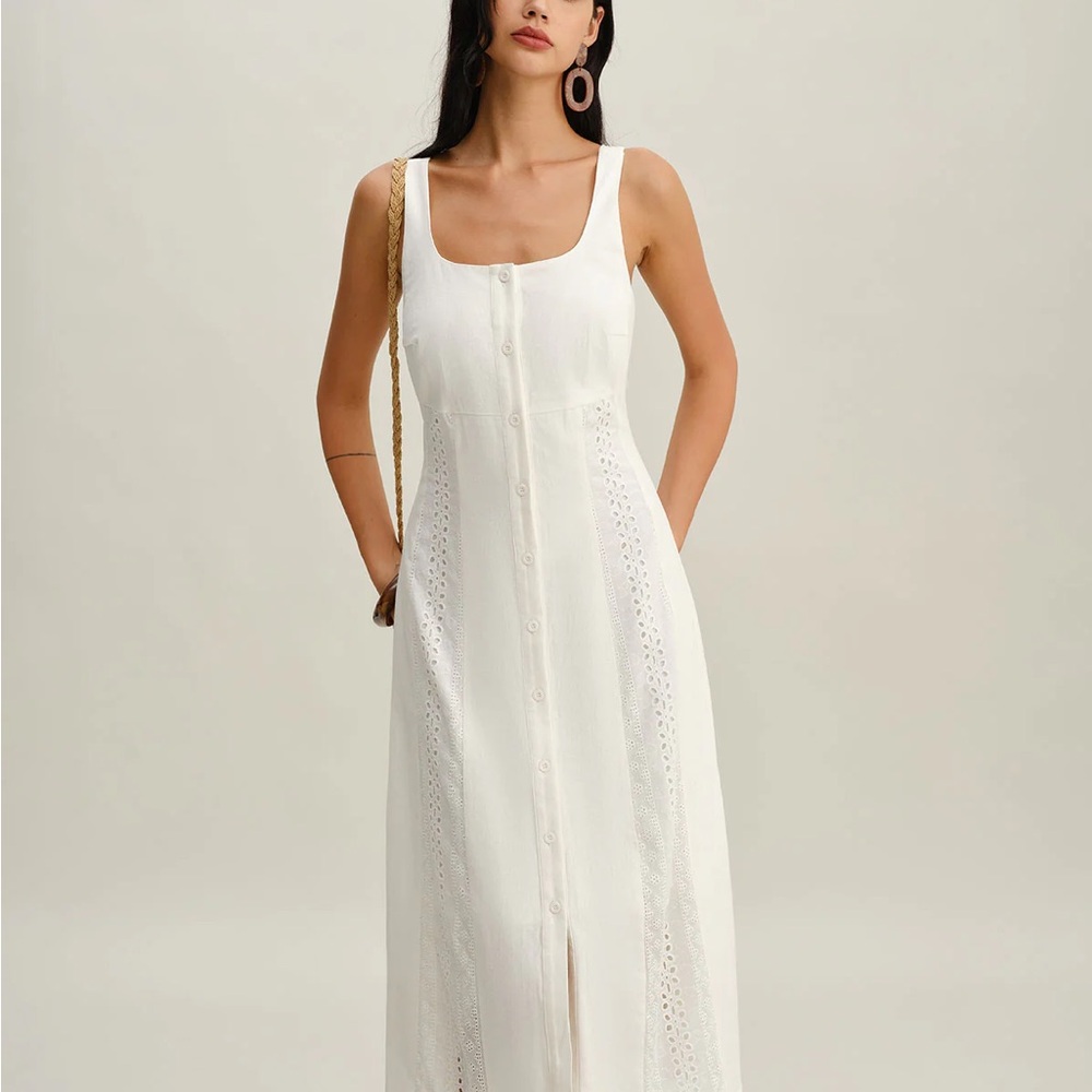 White Square Neck Button Slip Midi Dress - Picture 3 of 6